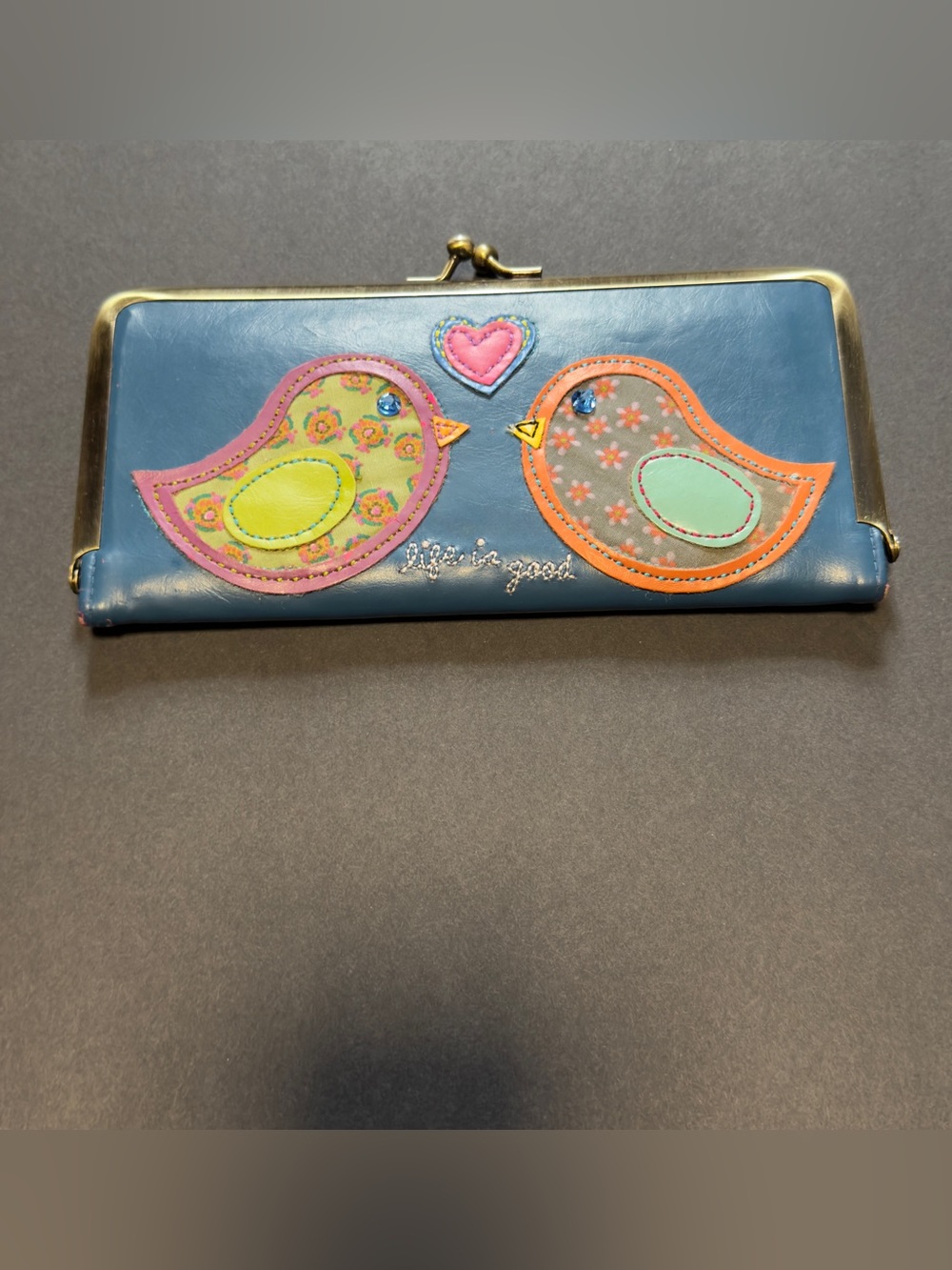 Life Is Good Love Birds Kiss Lock Clutch Checkbook Wallet Boho Blue